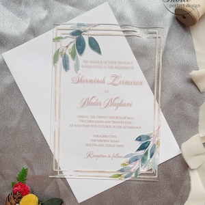 Grün und Gold Acryl Hochzeitseinladung, maßgeschneiderte Hochzeit Acryl laden ein, Mis XV Anos Prinzessin Einladung {Kostenlose Vorschau verfügbar}