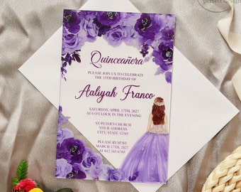 Lavender Froral Acrylic Quinceañera Invitation, Violet Sweet 15 Invite, Personalize Your Modern Mis XV Anos Invite{Free Preview Available}