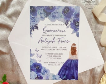 Elegant Sweet 15 Acrylic Invitation, Navy Princess Floral Quinceañera Acrylic Invite, Mis XV Anos Girl Birthday Card{Free Preview Available}