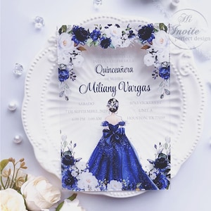 Königsblaue Sweet 15-Acryleinladung mit Marinepuppe und Rose, blaue Prinzessinnen Quinceaño-Einladung mit Umschlag