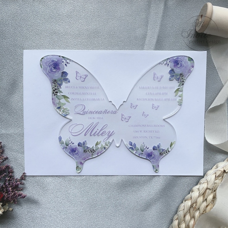 Lavender Floral Butterfly Acrylic Quinceañera Spanish Invitation, Personalize Your Modern Violet Sweet 15 Acrylic Free Preview Available image 2