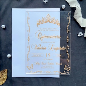 Gouden Sweet 15 acryluitnodiging met vlinder en kroon, fancy Quinceañera-uitnodiging, kweepeer Anos-kaart met envelop {gratis voorbeeld beschikbaar}