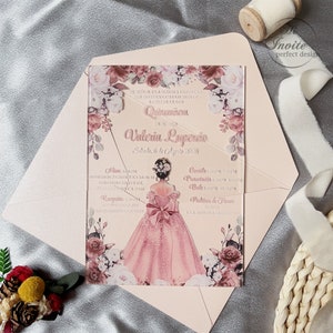 Prachtige Rose Gold Princess Sweet 15 acryl uitnodiging met hoge kwaliteit UV-afdrukken, fancy bloemen acryl uitnodiging {gratis voorbeeld beschikbaar}