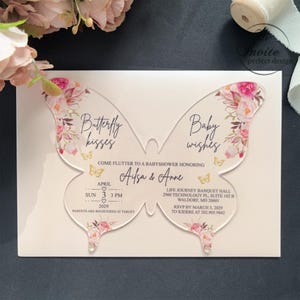 Phantasie Blush Schmetterling Küsse Einladung für Babyshower, personalisieren Rosa Baby-Wünsche 1. Geburtstag einladen {Kostenlose Vorschau verfügbar}