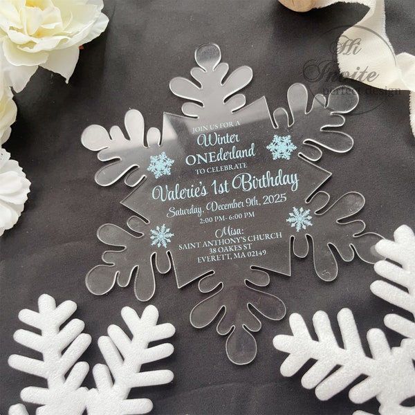 Baby Winter Wonderland Shower Invite, Snowflake Acrylic Quinceañera Invitation, Acrylic Invite for Sweet 15 Birthday{Free Preview Available}