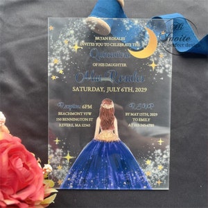 Gouden maan en ster quinceañera acryluitnodiging met marinemeisje, fancy kweepeer anos kaart met envelop {gratis voorbeeld beschikbaar}