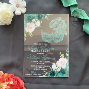 Emerald Green Sweet 16 Acrylic Invitation With Masquerade, Green Floral Quinceañera Invite, Mis Quince Anos Card{Free Preview Available}