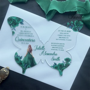 Smaragdgroene vlinder Quinceañera-uitnodiging met meisjesrug en roos, Sweet 16 Butterfly-uitnodigingen, XV Anos-uitnodiging {Gratis voorbeeld beschikbaar}