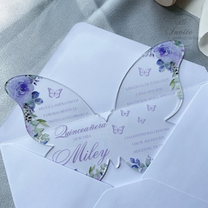 Lavender Floral Butterfly Acrylic Quinceañera Spanish Invitation, Personalize Your Modern Violet Sweet 15 Acrylic Free Preview Available image 4