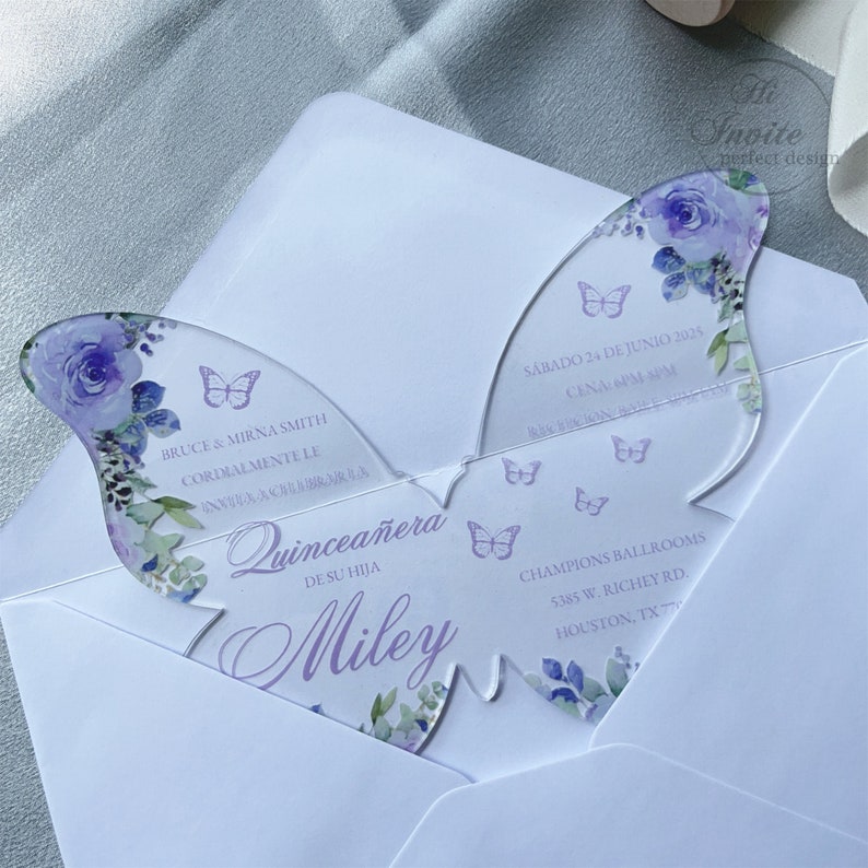 Lavender Floral Butterfly Acrylic Quinceañera Spanish Invitation, Personalize Your Modern Violet Sweet 15 Acrylic Free Preview Available image 4