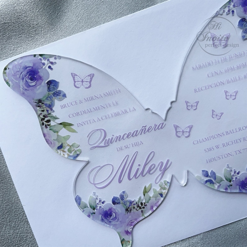 Lavender Floral Butterfly Acrylic Quinceañera Spanish Invitation, Personalize Your Modern Violet Sweet 15 Acrylic Free Preview Available image 6