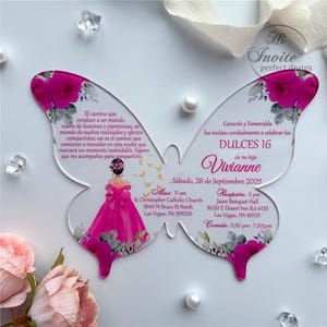 Convite para festa de 15 anos em rosa fúcsia, vestido de menina e borboleta, personalize o convite para festa de 15 anos com envelope {Visualização gratuita disponível}