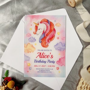Customzied Unicorn acryl verjaardagsuitnodiging, gepersonaliseerde Unicorn verjaardag acryl uitnodigen, baby douche uitnodigen {gratis voorbeeld beschikbaar}