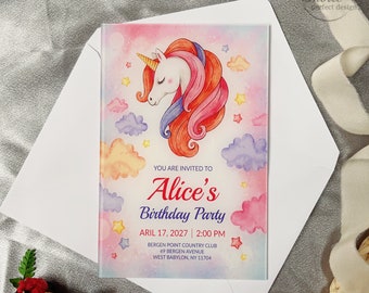 Customzied Unicorn Birthday Acrylic Invitation, Personalized Unicorn Birthday Acrylic Invite, Baby Shower Invite {Free Preview Available}
