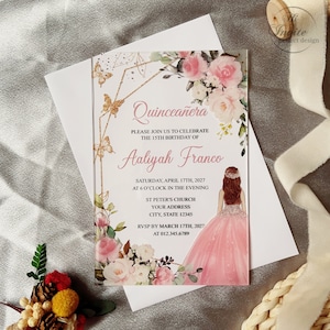 Gepersonaliseerde Blush Princess Sweet 16 acryluitnodiging, gouden vlinder Mis XV Anos acryluitnodiging, Sweet 15 kaart {gratis voorbeeld beschikbaar}