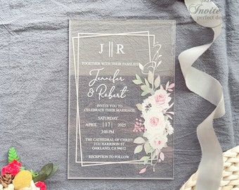 Monogramm Blush Froral Hochzeits-Acryl-Einladungen, Blush Rose Acryl-Hochzeits-Einladungen, Geometrie-Blumen-Einladung {Kostenlose Vorschau verfügbar}