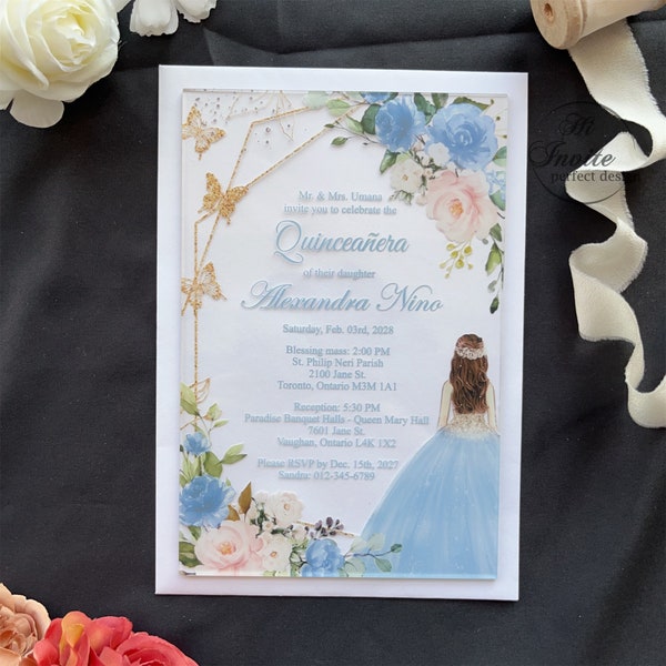 Baby Blue Princess&Gold Geometry Sweet 16 Acrylic Invite,Floral Quinceañera Acrylic Invite, Mis XV Anos Card{Free Preview Available}