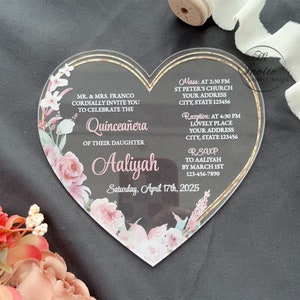 Roségold und Blush-Herzform-Acryl-Quinceamaß-Einladung, ausgefallenes hellrosa Bonbon 15 laden mit Blume ein {Kostenlose Vorschau verfügbar}
