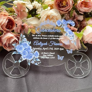 Convite de acrílico para festa de 15 anos com carruagem de abóbora azul claro, convite de aniversário da Cinderela, convite de Bat Mitzvá sofisticado com flores e coroa