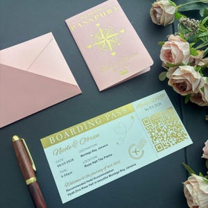 Pink&Gold Passport Wedding Invitation with Boarding Pass with QR Code RSVP, Foil Destination Wedding Invite, Travel Theme Wedding Stationery