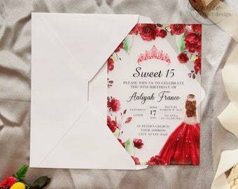 Red Rose Floral Quinceañera Invitation With Girl Dress&Crown, Mis Quince Acrylic Card, Customize Your Mexican Invite{Free Preview Available}