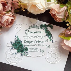 Szmaragdowo zielone zaproszenie na Quinceañera z akrylu w kształcie dyni, zaproszenie na 16. urodziny Kopciuszka, fantazyjne zaproszenie na Bat Micwę
