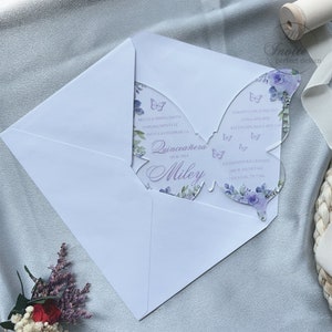 Lavender Floral Butterfly Acrylic Quinceañera Spanish Invitation, Personalize Your Modern Violet Sweet 15 Acrylic Free Preview Available image 3