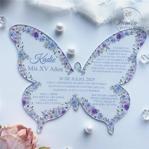 Lavendel roos vlinder acryl Mis XV Años Spaanse uitnodiging, personaliseer meisje Modern violet Sweet 15 acryl {gratis voorbeeld beschikbaar}