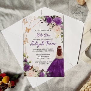 Convite em acrílico transparente Princesa Roxa Doce 16 personalizado, convite em acrílico floral Quinceañera, cartão Mis XV Anos {visualização gratuita disponível}