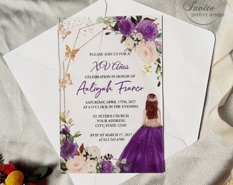 Customzied Purple Princess Sweet 16 Clear Acrylic Invitation, Floral Quinceañera Acrylic Invite, Mis XV Anos Card{Free Preview Available}