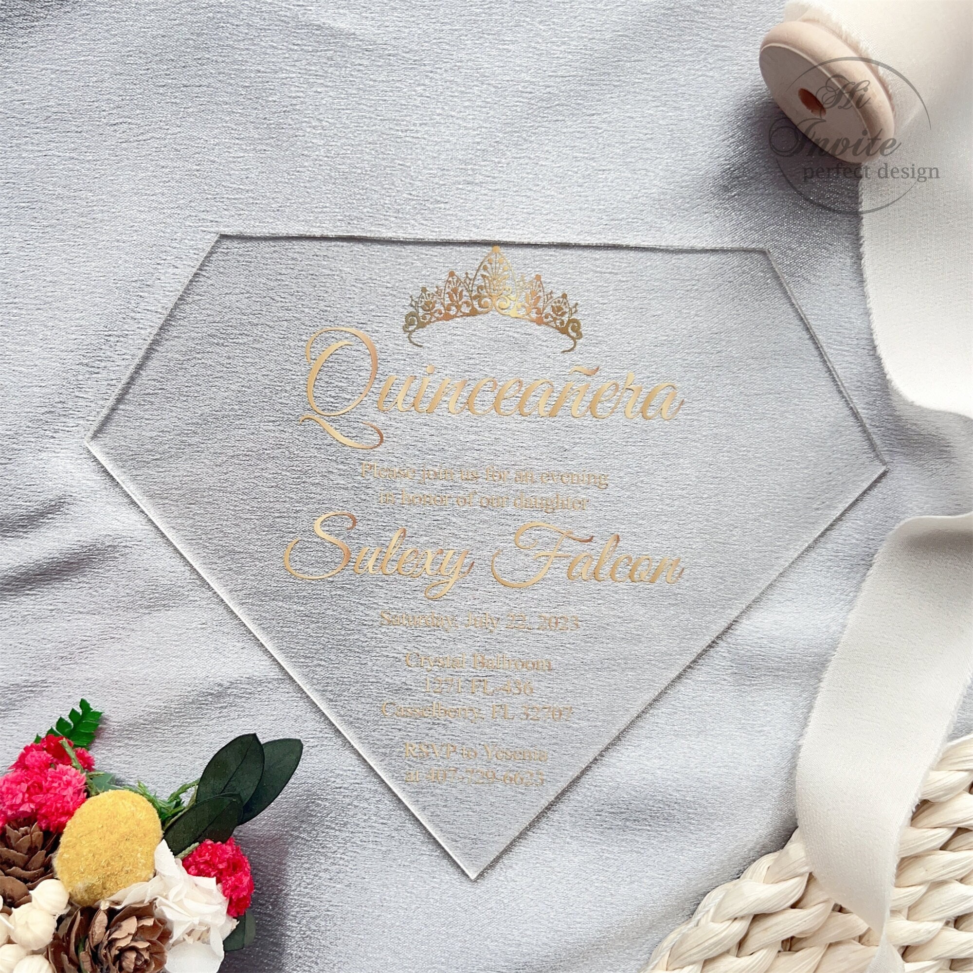 Diamond Acrylic Quinceañera Invitation, Transparent Sweet 16 Invite, Personalize Your Modern Acrylic Mis Anos Invite{Free Preview Available}