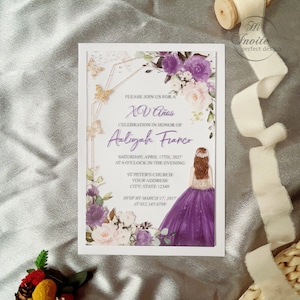 Convite acrílico Lavender Princess&Butterfly Sweet 15, convite acrílico floral violeta Quinceañera, cartão XV Anos {visualização gratuita disponível}