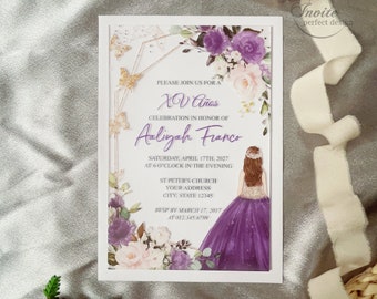 Lavender Princess&Butterfly Sweet 15 Acrylic Invitation, Violet Floral Quinceañera Acrylic Invite, XV Anos Card{Free Preview Available}