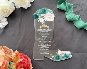 Green Boots&Flower Quinceañera Acrylic Invitation, Emerald Shoes Acrylic Invite for Sweet 15 Birthday Celebration{Free Preview Available}