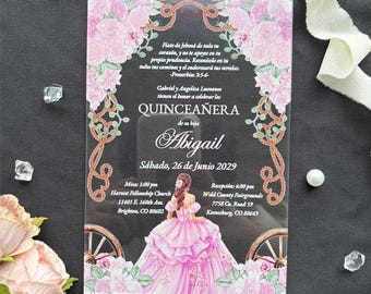 Clear Acrylic Quinceañera Invitation: Pink Floral Design, Personalized XV Años Invite
