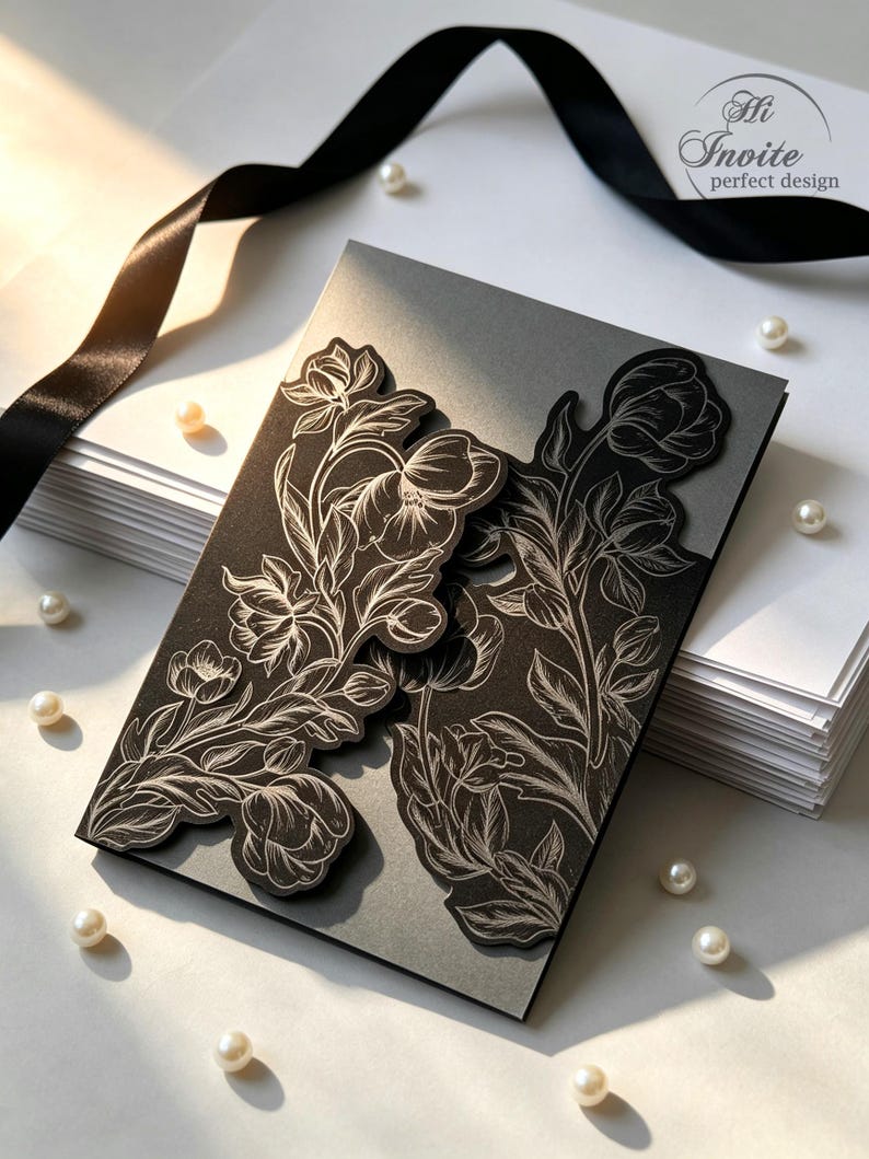 Black Velvet Gothic Tulip Floral Laser Cut Invitation Wrap, Black Paper ...
