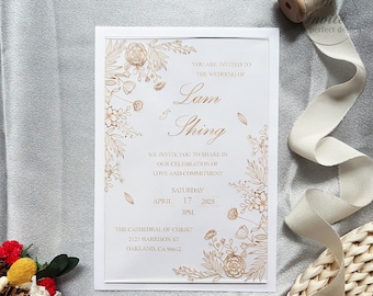 Gorgeous Gold Froral Wedding Acrylic Invitations,  Custom Gold Rose Acrylic Wedding Invites, Gold Arylic Card {Free Preview Available}