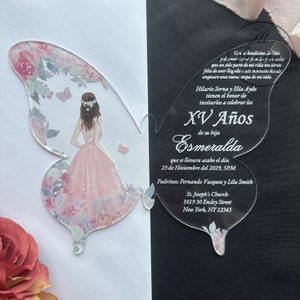 Romantische blush quinceañera vlinderuitnodiging, lichtroze zoete 15 acrylvlinders, uitnodiging XV Anos {gratis voorbeeld beschikbaar}