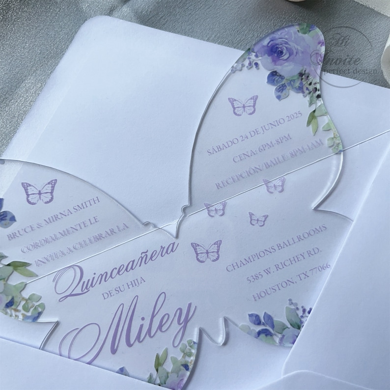 Lavender Floral Butterfly Acrylic Quinceañera Spanish Invitation, Personalize Your Modern Violet Sweet 15 Acrylic Free Preview Available image 5