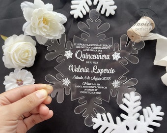 Classic White Snowflake Quinceañera Acrylic Invitation, Winter Acrylic Invite for Sweet 15 Birthday Celebration {Free Preview Available}