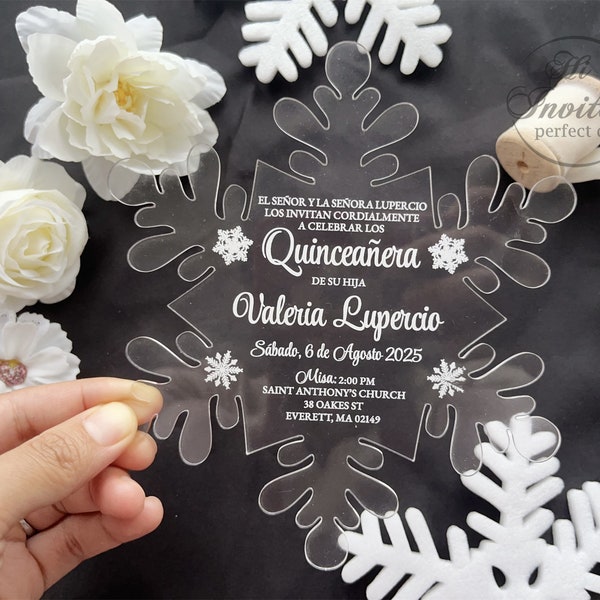 Classic White Snowflake Quinceañera Acrylic Invitation, Winter Acrylic Invite for Sweet 15 Birthday Celebration {Free Preview Available}
