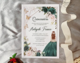 Elegant Green Sweet 15 Acrylic Invitation, Butterfly&Princess Floral Quinceañera Acrylic Invite, Mis XV Anos Card{Free Preview Available}