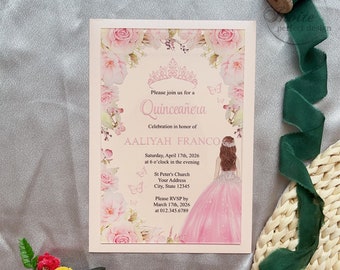 Blush Princess With Crown Sweet 16 Acrylic Invitation, Personalized Pink Floral Acrylic Quinceañera Invite {Free Preview Available}