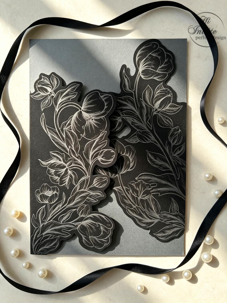 Black Velvet Gothic Tulip Floral Laser Cut Invitation Wrap, Black Paper ...