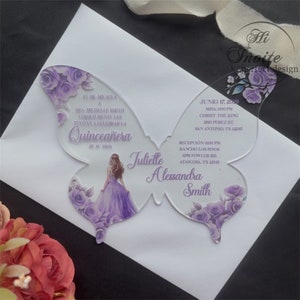 Convite personalizado de quinceañera com borboleta floral roxa, convites de borboleta acrílica para 15 anos, convite de 15 anos {Visualização gratuita disponível}