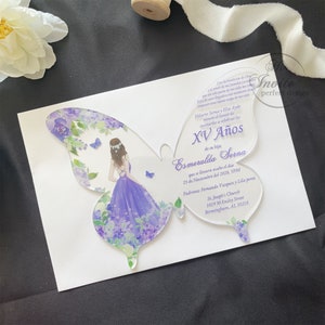 Lavendel vlinder prinses Floral acryl Quinceañera Spaanse uitnodiging, personaliseer moderne Violet Sweet 15 uitnodiging {gratis voorbeeld beschikbaar}