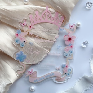 Blush en blauwe bloemen acryl uitnodiging quinceañera met kroon, personaliseer zoete 15 verjaardag acryluitnodiging {gratis voorbeeld beschikbaar}