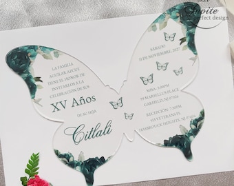 Emerald Green Butterfly Quinceañera Invitation, Sweet 16 Acrylic Invite, Personalize Your Modern Mis Anos Invite{Free Preview Available}
