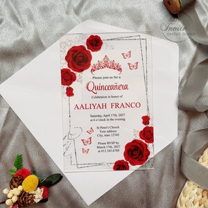 Prachtige rode roos en zilveren tak Sweet 15 acryl uitnodiging, rode bloemen quinceañera acryluitnodiging {gratis voorbeeld beschikbaar}