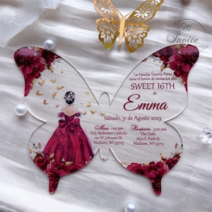 Bourgondische bloem en gouden vlinder acryl uitnodiging quinceañera, personaliseer lieve 15 meisje verjaardag acryl uitnodiging {gratis voorbeeld beschikbaar}